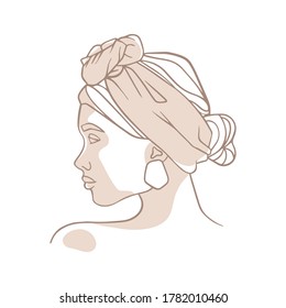 Perfil de una mujer con un hermoso peinado. Cabeza, accesorios de verano. Ilustración de moda, retrato de estilo minimalista moderno. Dibujo de línea simple. Ilustración vectorial, logotipo, postal.