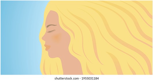 Profile Of Woman With Big Blond Hair And Closed Eyes. Vector Illustration.