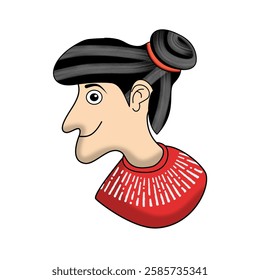 Profile of a woman with black hairs and a bun with sweater having patterns