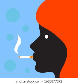 Profile of woman with cigarette in flat style. Vector character illustration. Men healthcare concept. Nicotine addiction.