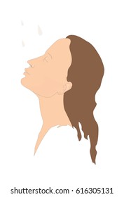 Profile of a woman with closed eyes and long wet hair under symbolic drops of water (shower,rain). Vector illustration. White background.
