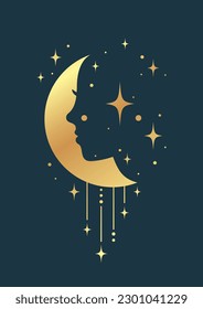 Profile of woman with moon golden drawing poster. Full moon celestial card