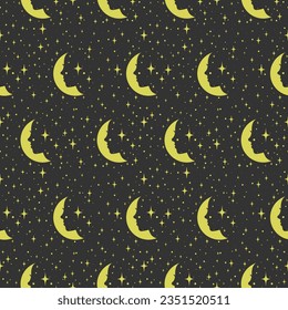 Profile of woman with moon yellow seamless pattern