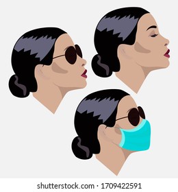 Profile of a woman in a protective medical mask; glasses without a mask; collage series; beautiful elegant. coronavirus. pandemic concept to prevent viruses. Cartoon. Cartoon vector illustration.