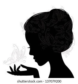 Profile woman silhouette with butterfly. Hand drawing illustration on white background.