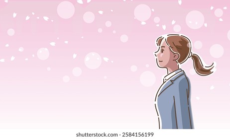 Profile of a woman in a suit standing with cherry blossoms dancing in the wind