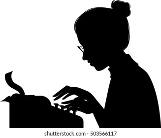 Profile of woman typing - Silhouette - Vector Illustration 