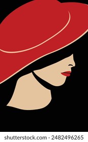 Se presenta el perfil de una mujer que lleva un elegante sombrero rojo.