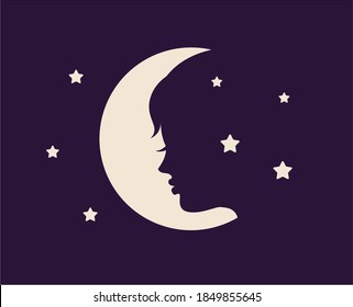 profile of a woman's face against the background of the moon and dark sky with stars