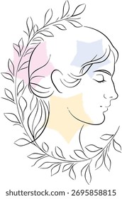 Perfil de la cabeza de una mujer enmarcada por una delicada corona de laurel en línea estilo de arte abstracto línea única