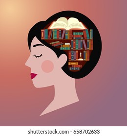 Profile of a woman's head with a library scene in her mind. Vector illustration