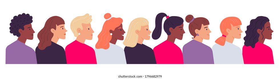 Profilporträts von Frauen. Diverse weibliche Köpfe Seitenansicht. Cartoon-Charaktere verschiedener Nationalität, mit unterschiedlicher Frisur als Ponytail, geschmeidige und gerade Haar-Vektorgrafik