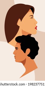 Profile of young beautiful woman and handsome man. Calm human face opposite each other. Brown hair, white skin, calm expression, long neck. Modern vector portrait of couple.