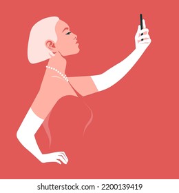 Profile of young blonde woman takes a selfie with smartphone. Side view. A blogger. Social media. Vector flat illustration 