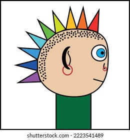 Profile of a young boy with a rainbow mohawk. Mohawk hairstyle, facial piercing, informal child, unusual appearance
