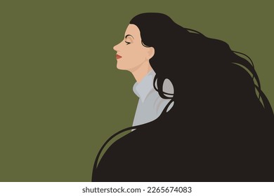 Profile of a young girl in a gray shirt with long brown hair on a green khaki background. The concept of femininity, international women's day 8 March. Vector image, EPS 10.