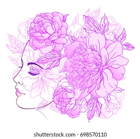 Profile of a young girl with peonies in her hair. Hand drawn vector fashion illustration in pink color. Female portrait of magic floral fairy. Fantasy, Beauty, fashion, tattoo design.