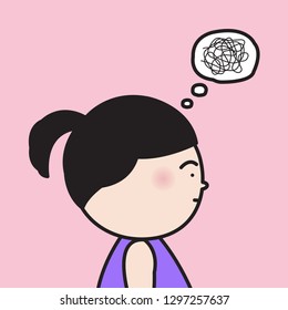 Profile Young Girl With Ponytail And Grumpy Icon In Bubble Concept Card Character illustration