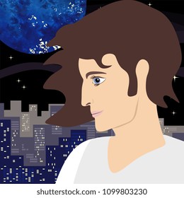 Profile of young man with an expressive look on the background of big city and night sky with planets and stars. Square illustration in vector, flat style. Banner, poster, package design perfume.