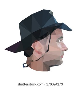 Profile of young man in origami style. Vector illustration of stylish man in elegant black hat. Colorful cowboy.