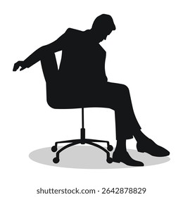 Profile of a young man, person sitting on a soft chair with wheels, black silhouette of a guy leaning forward