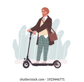 Profile of young man riding electric walk scooter. Active hipster driving eco urban transport. Modern guy on e-scooter. Colored flat vector illustration isolated on white background