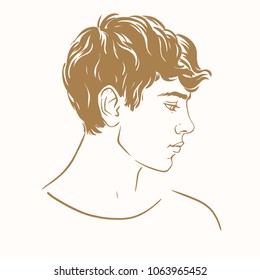 Profile of young man with short curly hair, hand drawn outline sketch fashion hairstyle vector illustration.