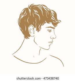 Profile of young man with short curly hair, hand drawn outline sketch fashion hairstyle vector illustration.