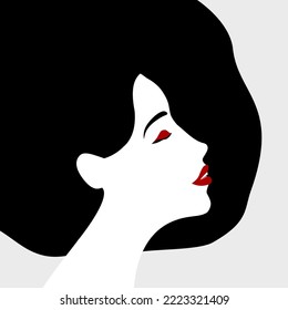 Profile of a young pretty girl with long black hair. Beautiful woman profile. Beauty face with black hair, red lips. 