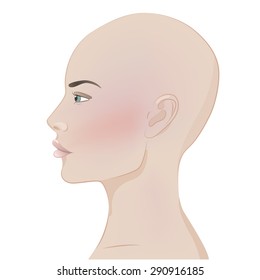 Profile of a young white bald woman without make up on a white background.