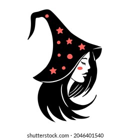 Perfil de una bruja joven en un sombrero, ilustración vectorial