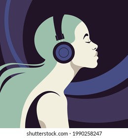 Profile of a young woman listens to the music on the headphones. Music therapy. The musician avatar. Side view. Vector flat illustration