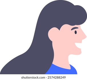 Profile of a young woman with long dark hair and blue shirt smiling and looking to the right, expressing optimism, positivity and happiness