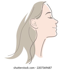 Profile of young woman with long hair. Smiling with her eyes closed. Vector illustration in line drawing, isolated on white background.