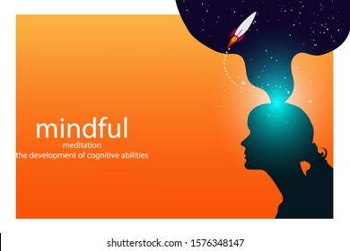 Profile of a young woman with mental activity brain and consciousness, with the cosmos as a brain. scientific concept. brain and creativity. brain creates new discoveries, rocket as symbol of progress