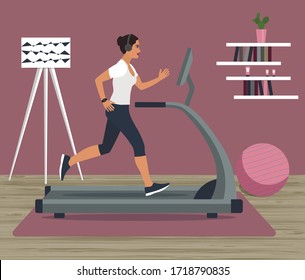 Profile of a young woman running on a treadmill at home, fitball is on the floor