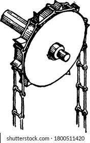 A profiled wheel or sprocket wheel with teeth that mesh with a chain; upon which radial projections engage a chain passing over it. Used in bicycles to transmit rotary motion between two shafts,