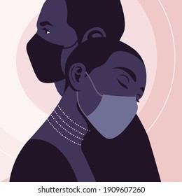 Profiles of African couple with medical face masks. Valentine's Day. Love while social distancing. Family relationship during pandemic. Vector flat illustration