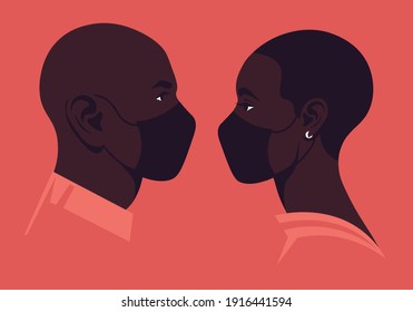 Profiles of African faces with medical face masks. The heads of woman and man. Date and the epidemic. Coronavirus. Love in the distance. Family. Vector flat illustration