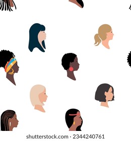 Profiles of beautiful women of different nationalities and cultures stand together. Feminism, women's friendship, equality, women's day, fight for women's rights. Vector seamless pattern.