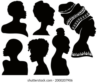 Profiles of black women. Silhouettes of african american women in a head wrap. Beautiful black girls profile. Vector fashion illustration isolated on white. Set of silhouettes african female face.