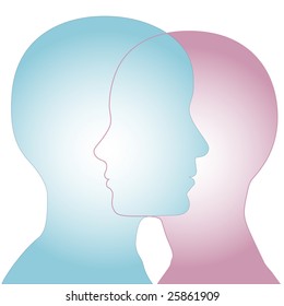 Die Profile einiger Menschen verschmelzen als sich überschneidende Gesichter, um Geschlecht- und Geschlechterfragen zu veranschaulichen.