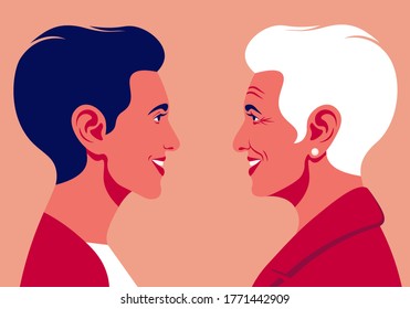 Perfiles de una anciana y una joven. Los rostros están en la vista lateral. Avatar. Ilustración plana vectorial