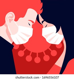 Profiles of heads. Faces of woman and man. Date and the epidemic. Coronavirus. Love in the distance. Family relationships. Husband and wife. Vector flat illustration