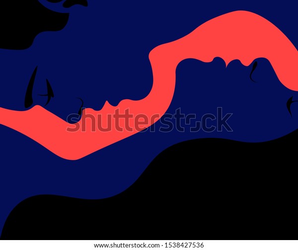  Profiles of a man and a woman. Lovers. Romantic date. Love. Close relationship in a married couple. Illustration for Valentine Day