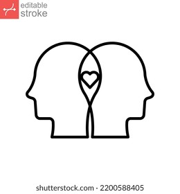 Profiles with mental health line icon. Two human avatar and love symbol. Mindfulness, dementia, neurology problem logo pictogram. Editable stroke. Vector illustration Design on white background EPS 10