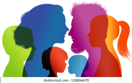 Profiles with mom - dad - little boy - girl. Family concept. Colored silhouette. Vector. Multiple exposure