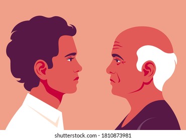 Profiles of older and younger men. The faces is on the side view. Avatar. Vector Flat Illustration