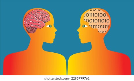 Profiles, one with data 1 and 0 in brain, the other with real brain. Machine learning, programming, transform data with human intelligence, teamwork. Planet earth in eyes. Vector illustration. 16:9.