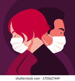 Profiles of people. Faces of woman and man wear medical masks. Date and the epidemic. Coronavirus. Love in the distance. Husband and wife. Vector flat illustration